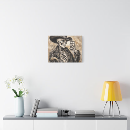 Skeleton Cowboy Canvas Print — Western Skull Selfie Wall Art (Matte Stretched)