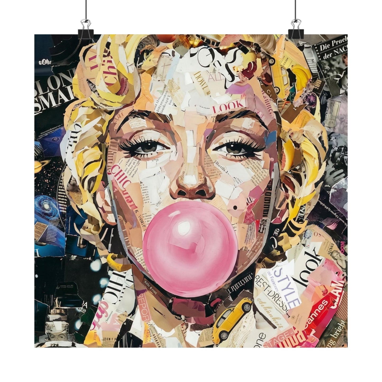 Pop Art Satin Poster — Iconic Blonde Portrait with Bubblegum