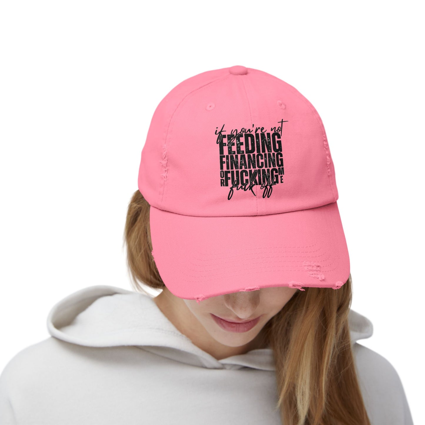 Distressed Dad Hat — "Feeding, Financing & F***ing" Bold Script Cap