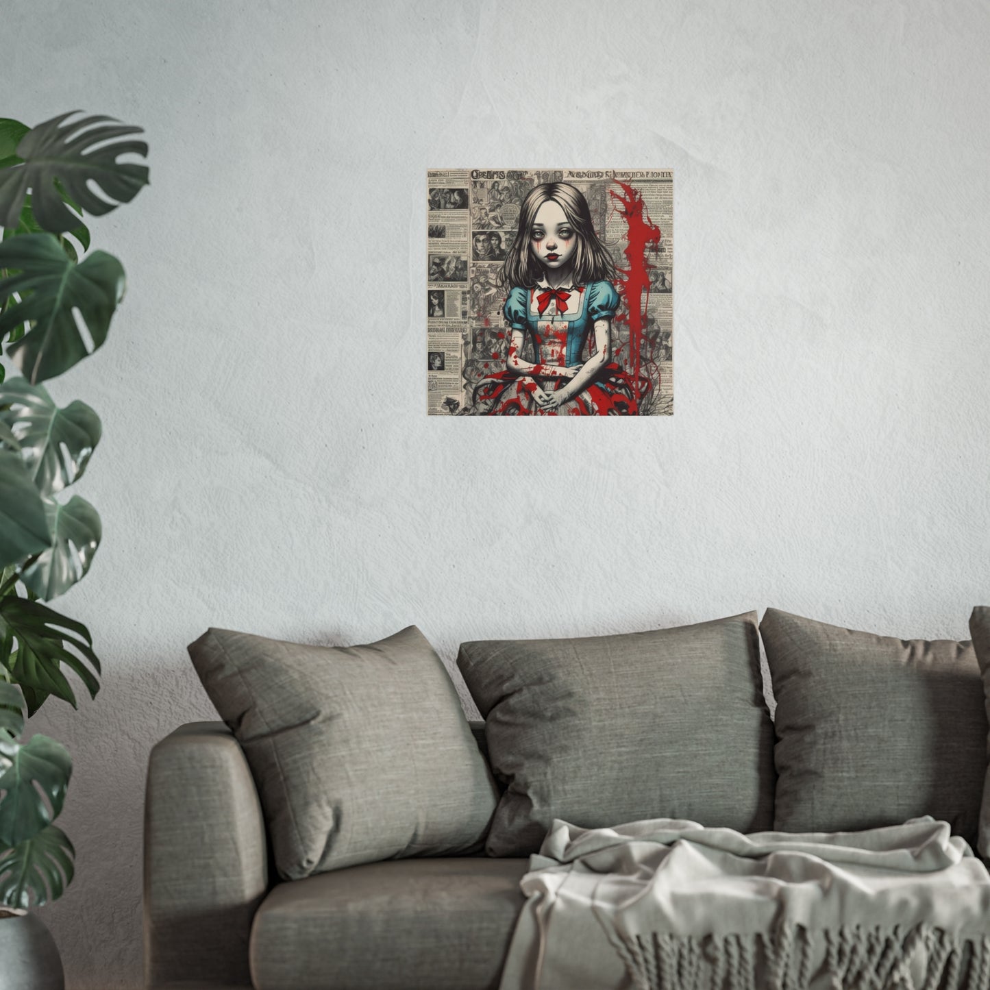 Gothic Alice Fine Art Print — Dark Vintage Newspaper Collage with Blood-Splatter