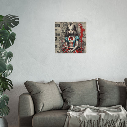 Gothic Alice Fine Art Print — Dark Vintage Newspaper Collage with Blood-Splatter