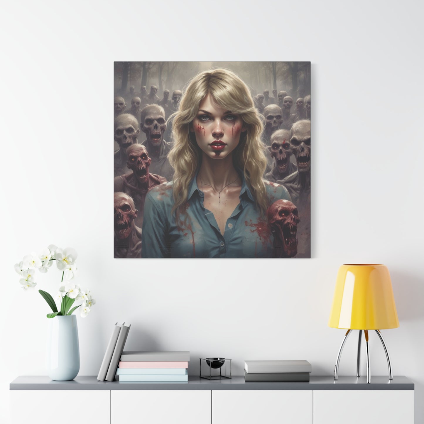 Zombie Swift Matte Canvas Print — Horror Wall Art, Blonde Survivor Surrounded by Undead
