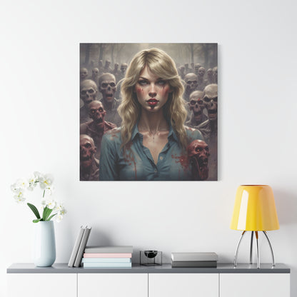 Zombie Swift Matte Canvas Print — Horror Wall Art, Blonde Survivor Surrounded by Undead