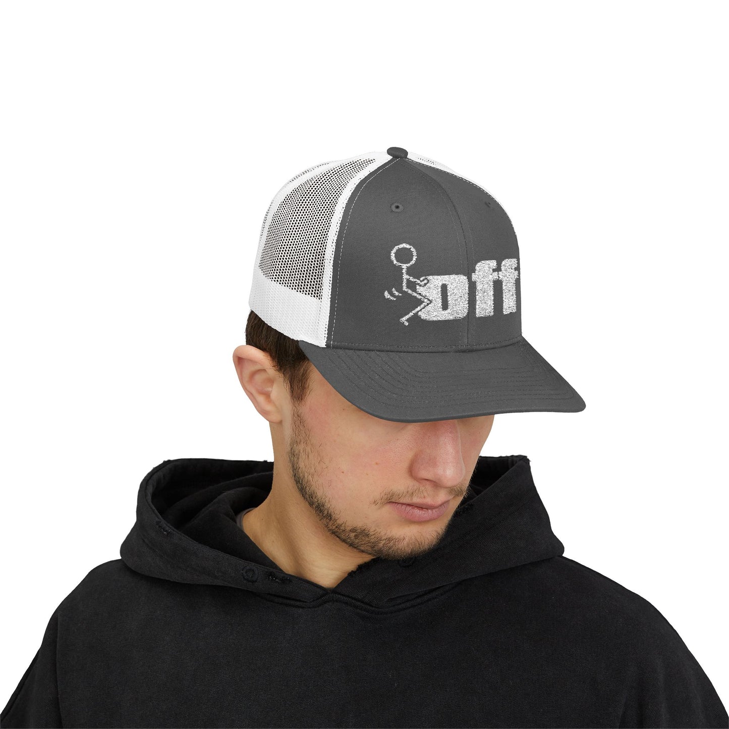 'F Off' Stick Figure Trucker Cap – Retro Distressed Snapback Hat