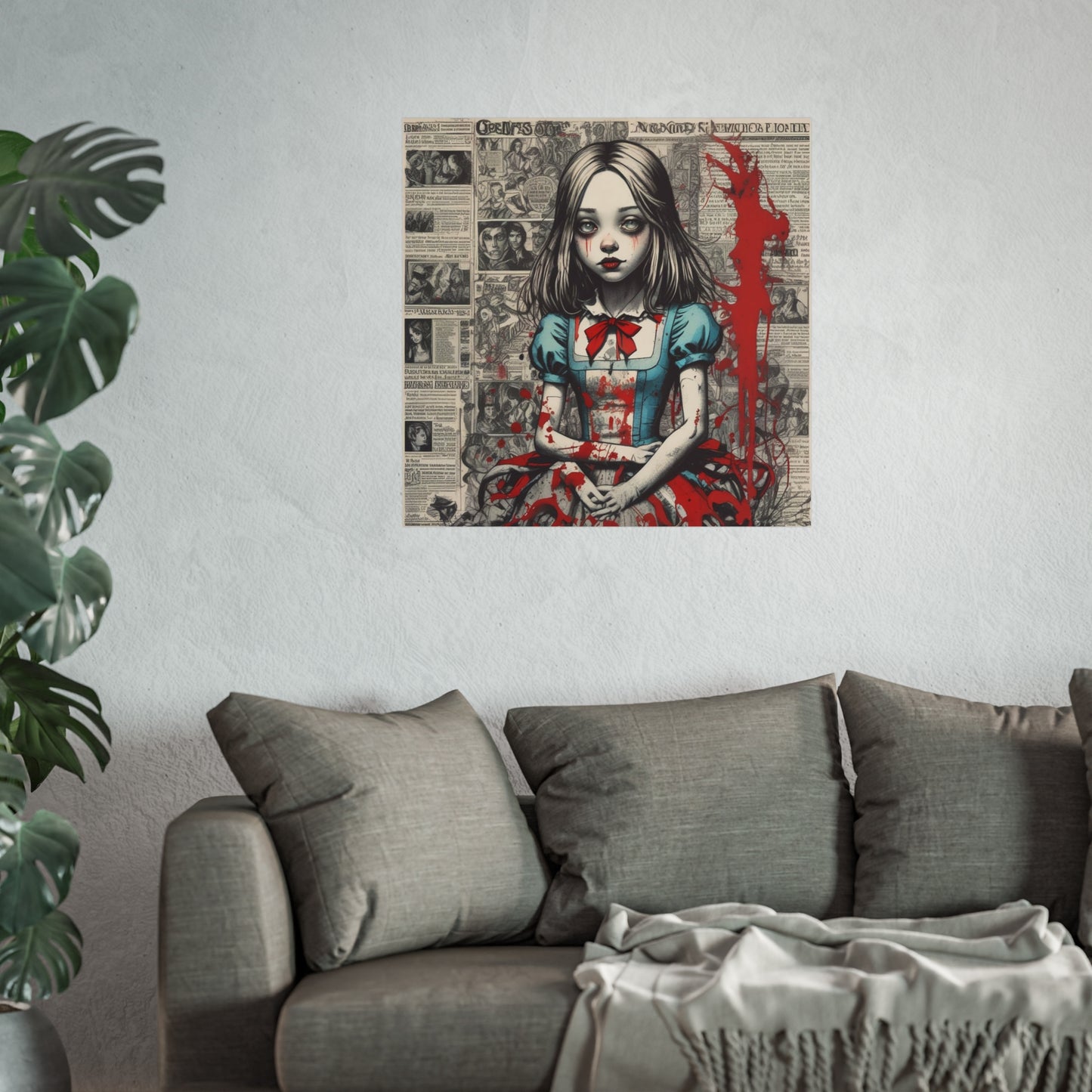 Gothic Alice Fine Art Print — Dark Vintage Newspaper Collage with Blood-Splatter