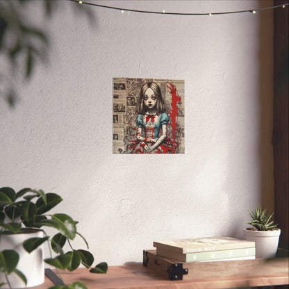 Gothic Alice Fine Art Print — Dark Vintage Newspaper Collage with Blood-Splatter