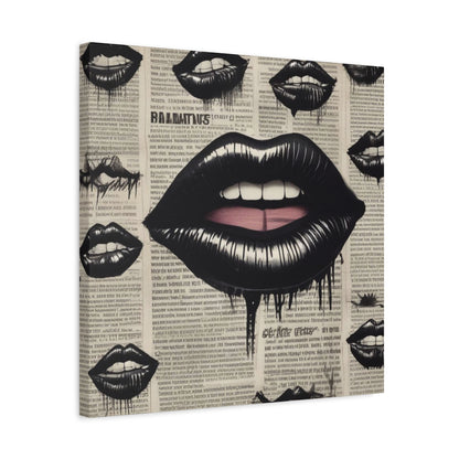 Black Drip Lips Canvas Wall Art — Vintage Newspaper Pop Art