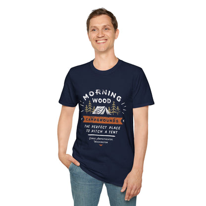 Camping T-Shirt — "Morning Wood" Tent & Pine Tree Outdoor Graphic Tee