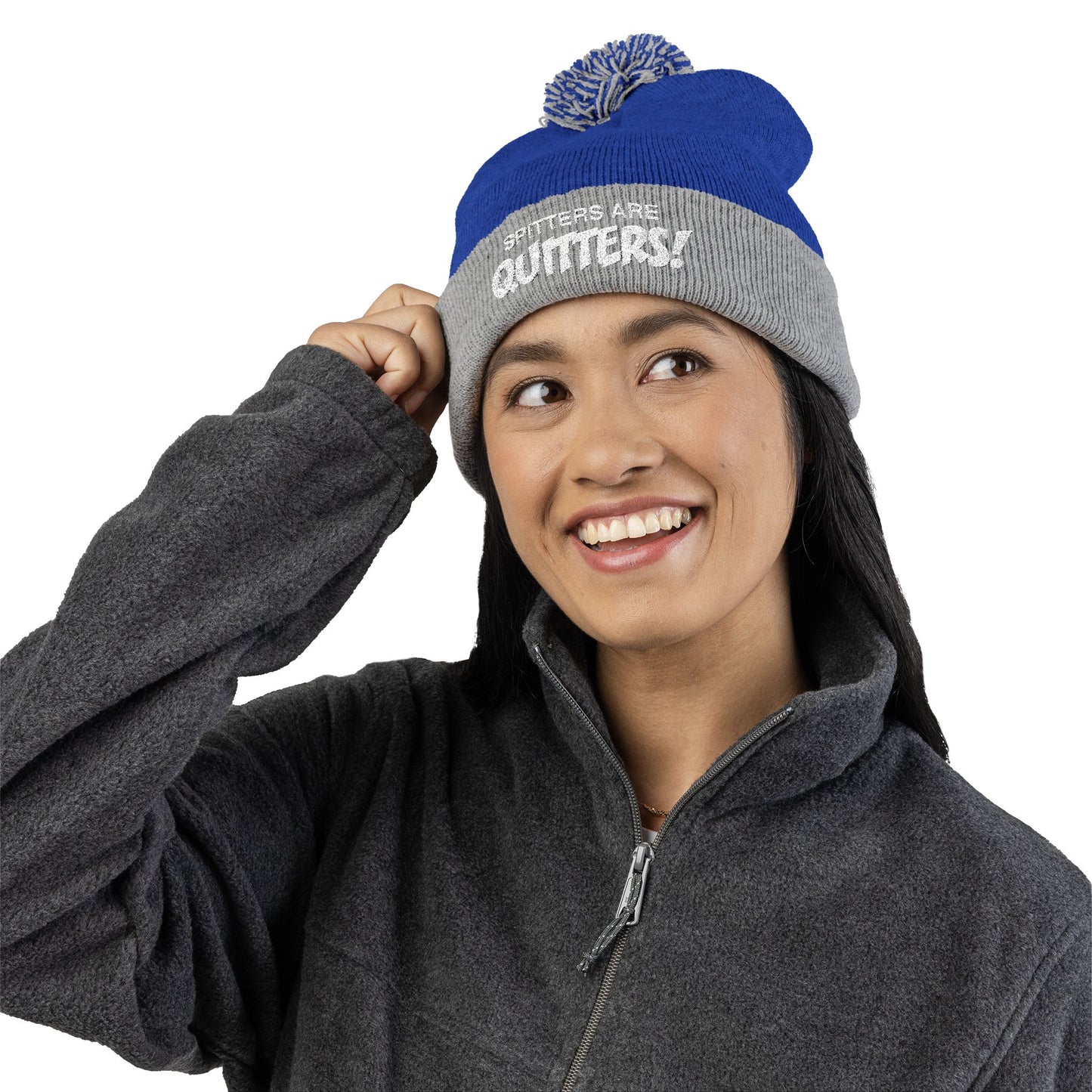 Embroidered Pom-Pom Beanie — "Spitters Are Quitters!" Cozy Winter Hat