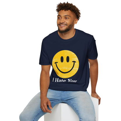 Funny 'I Hate You' Smiley T-Shirt — Retro Distressed Yellow Smiley Tee
