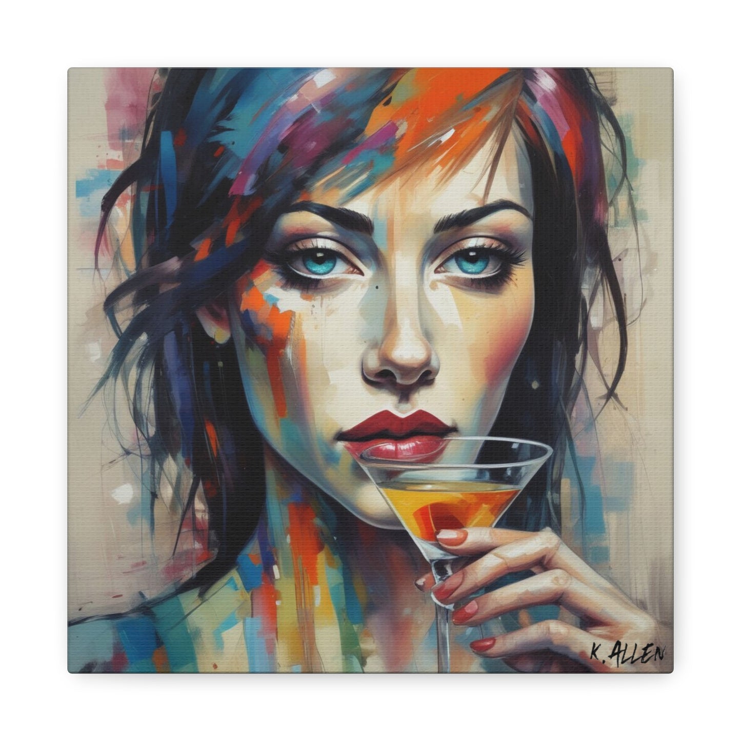 Colorful Femme Portrait Canvas — Martini Woman Stretched Wall Art