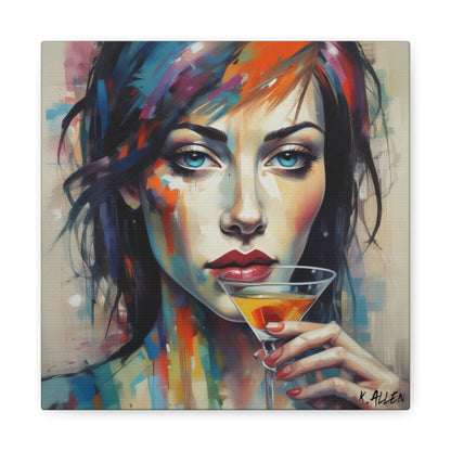 Colorful Femme Portrait Canvas — Martini Woman Stretched Wall Art