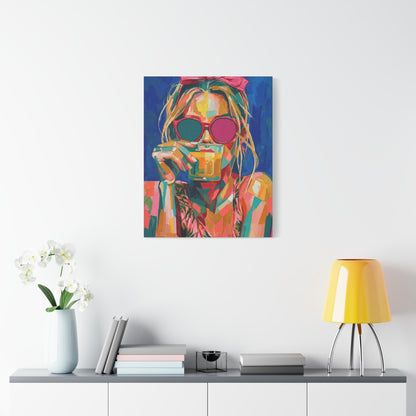 Colorful Pop Art Woman Drinking Canvas Wall Art - Blue
