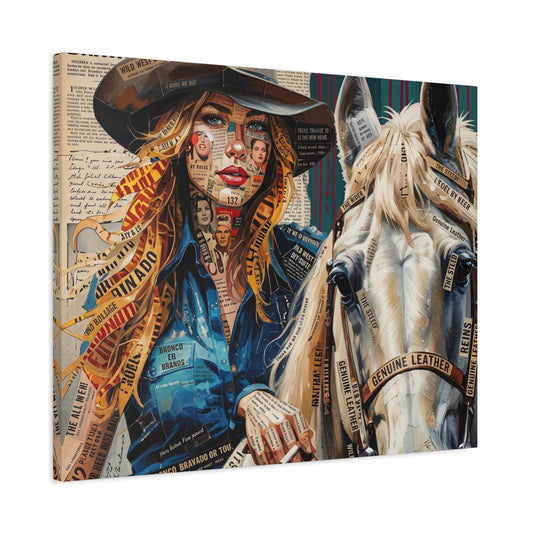 Cowgirl & Horse Collage Matte Canvas Print — Western Collage Art Wall Decor