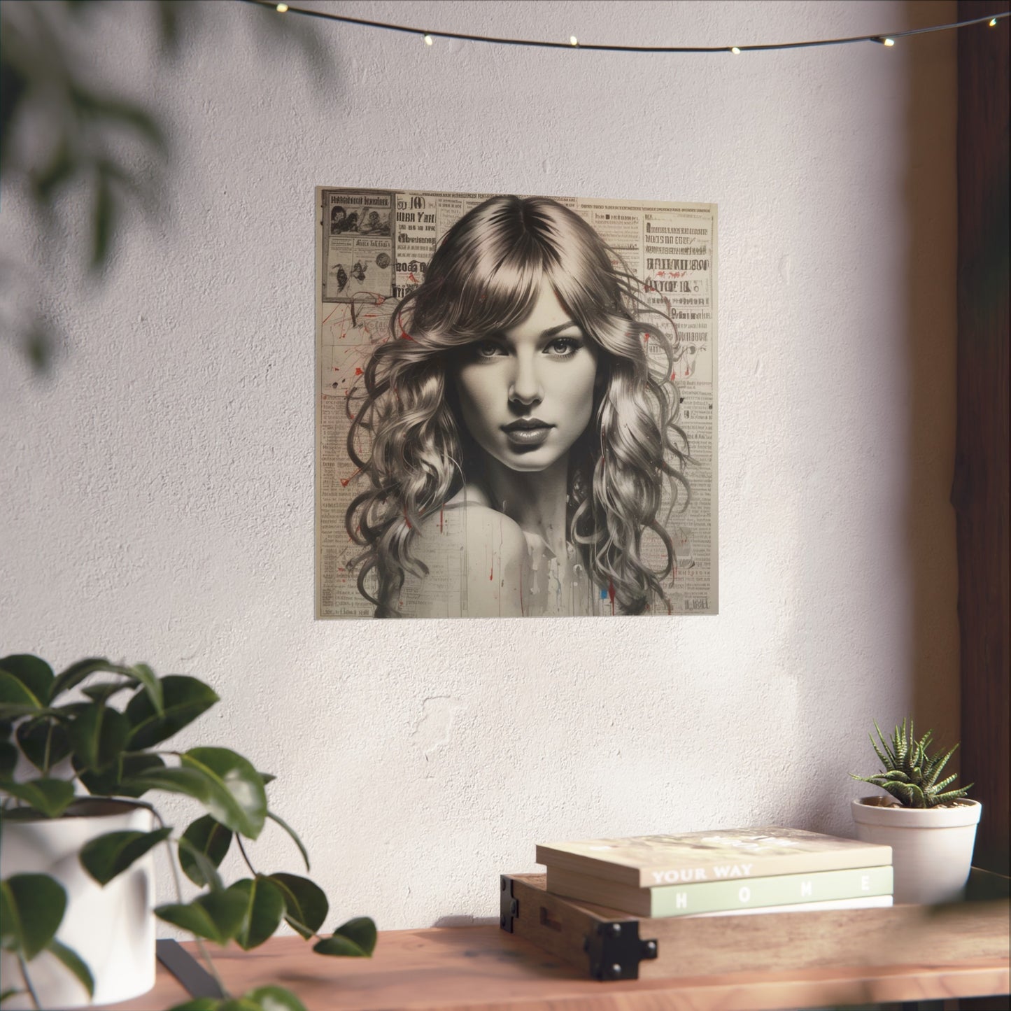 Taylor Inspired Portrait on Vintage Newspaper Background
