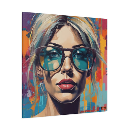 Pop Art Portrait Canvas — Blonde Woman with Blue Sunglasses Matte Stretched Art