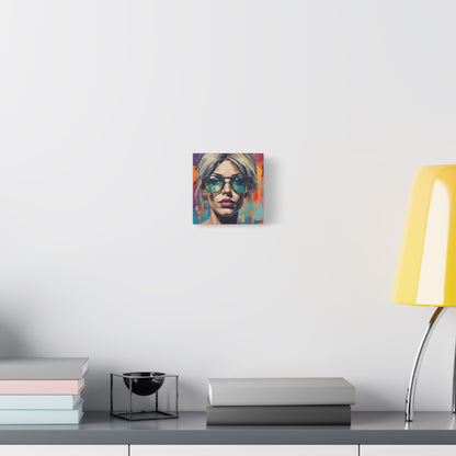 Pop Art Portrait Canvas — Blonde Woman with Blue Sunglasses Matte Stretched Art