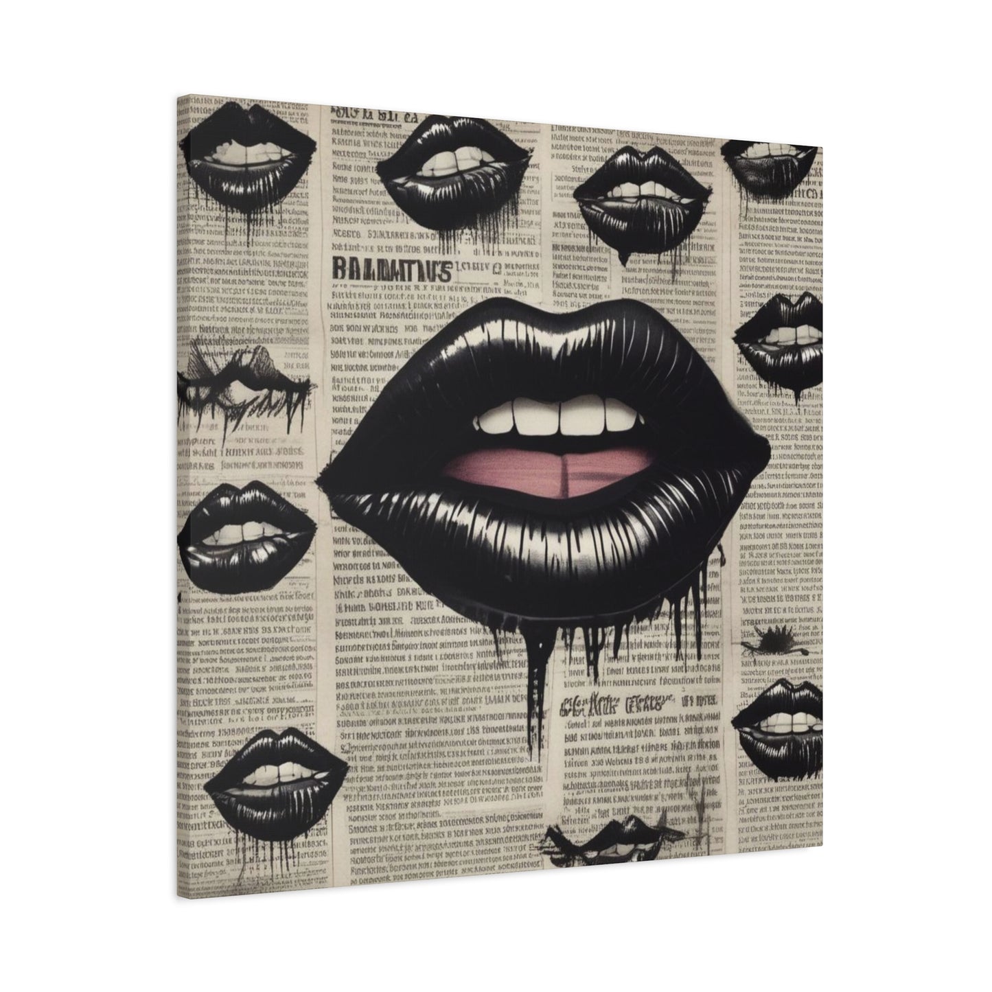 Black Drip Lips Canvas Wall Art — Vintage Newspaper Pop Art