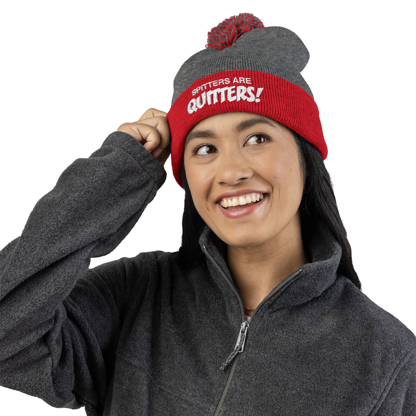 Embroidered Pom-Pom Beanie — "Spitters Are Quitters!" Cozy Winter Hat
