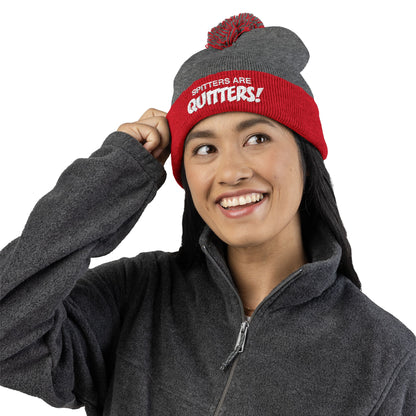 Embroidered Pom-Pom Beanie — "Spitters Are Quitters!" Cozy Winter Hat