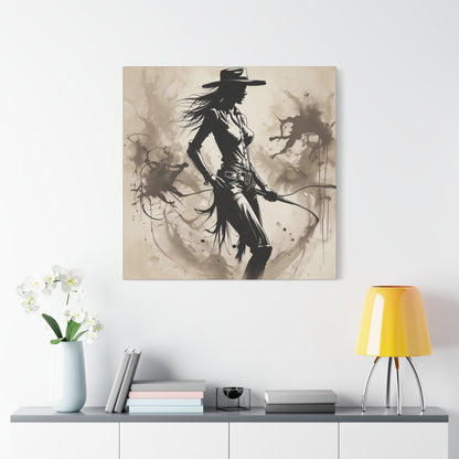Cowgirl Silhouette Canvas Art – Western Whip Poster on Matte Stretched Canvas
