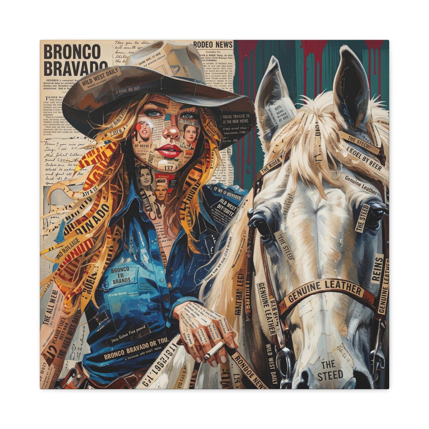 Cowgirl & Horse Collage Matte Canvas Print — Western Collage Art Wall Decor