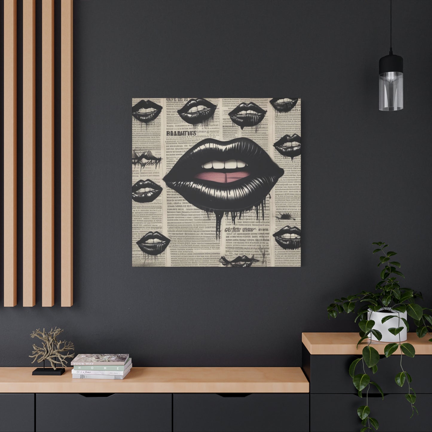Black Drip Lips Canvas Wall Art — Vintage Newspaper Pop Art