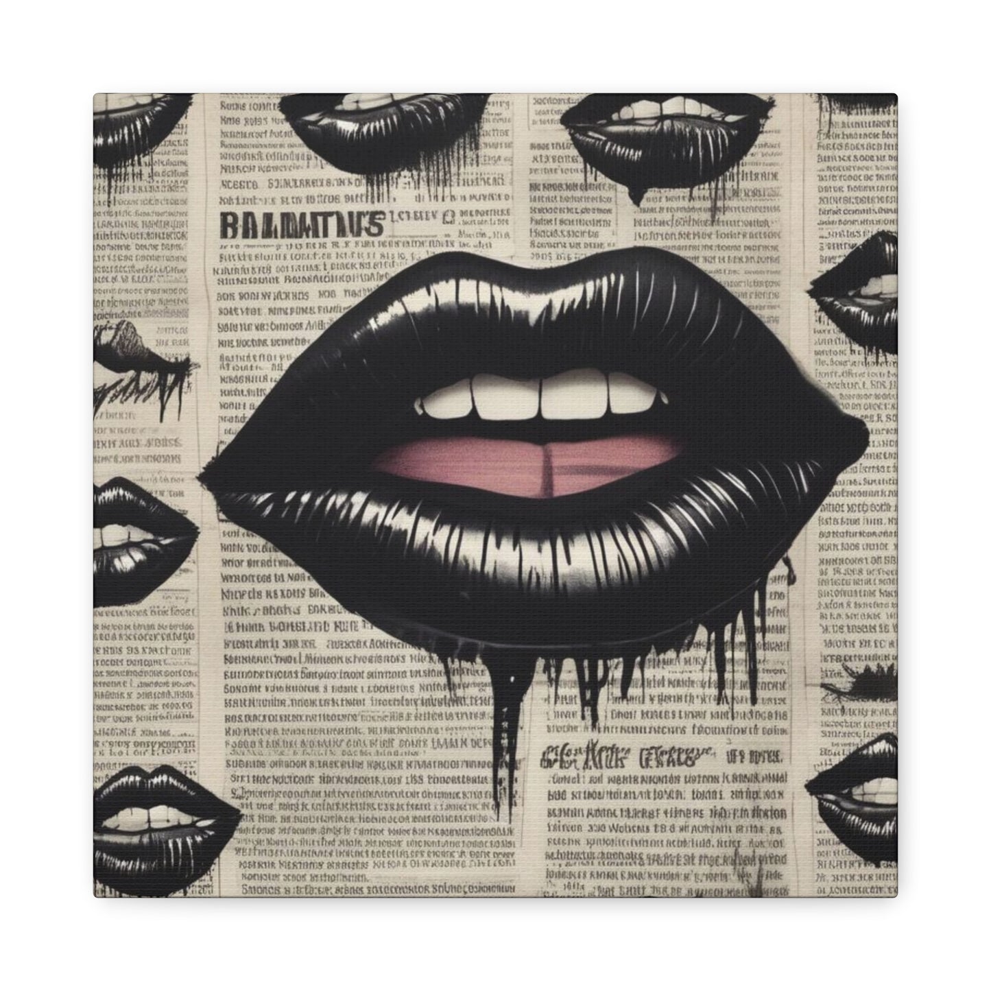 Black Drip Lips Canvas Wall Art — Vintage Newspaper Pop Art