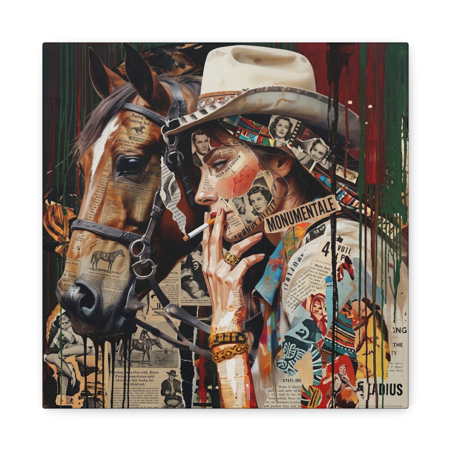 Western Collage Horse & Cowgirl Matte Canvas Wall Art - Stretched 1.25"