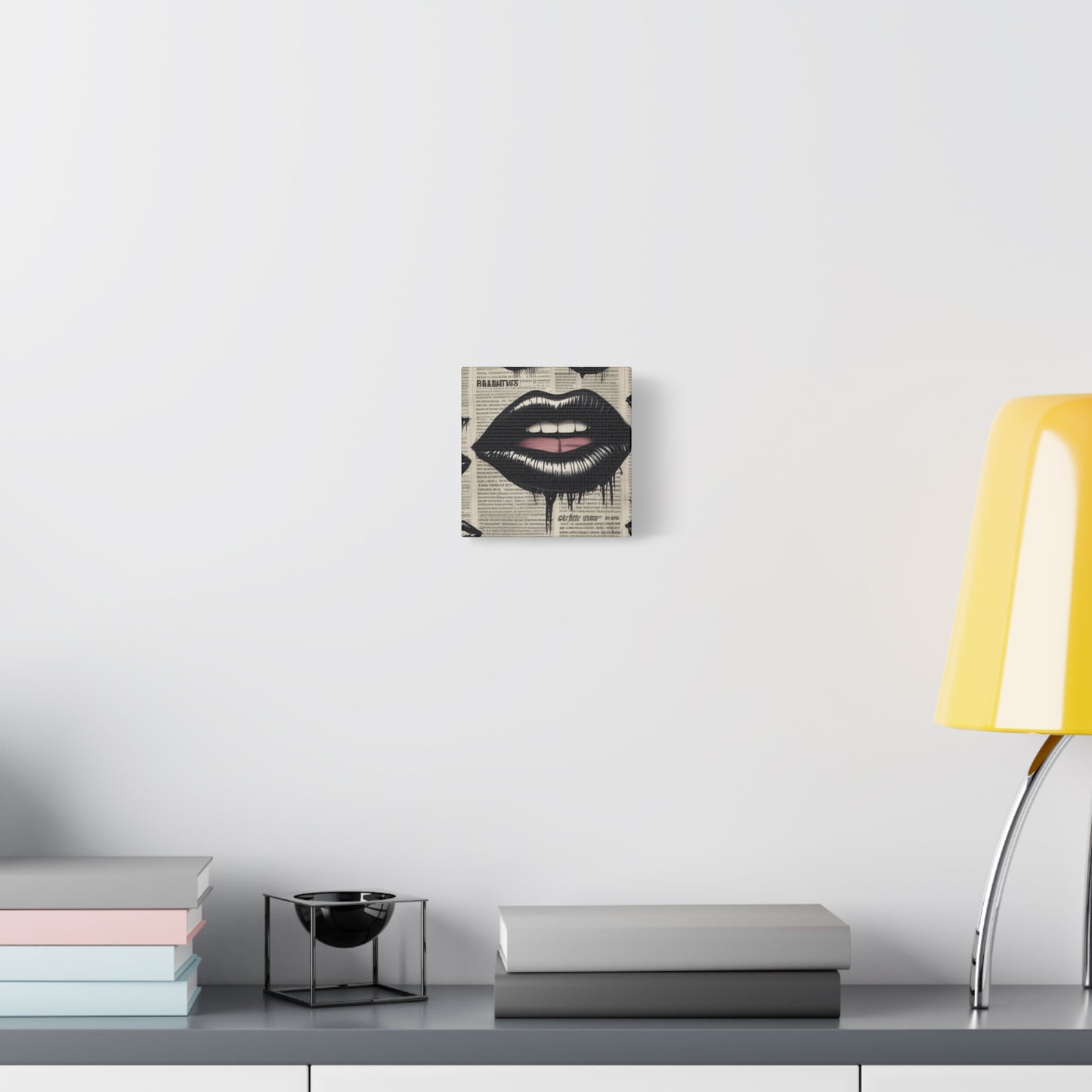 Black Drip Lips Canvas Wall Art — Vintage Newspaper Pop Art