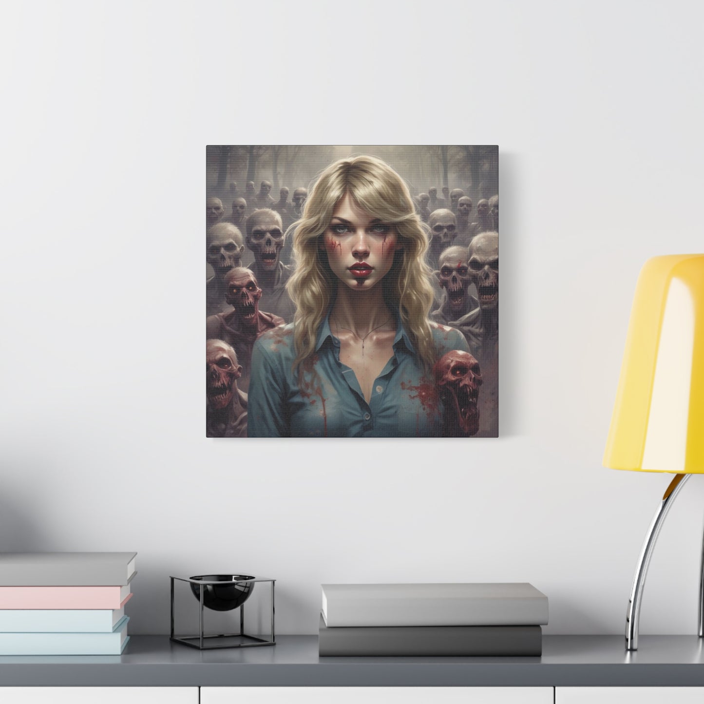 Zombie Swift Matte Canvas Print — Horror Wall Art, Blonde Survivor Surrounded by Undead