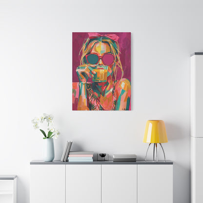 Pop Art Woman Drinking Coffee Canvas - Pink