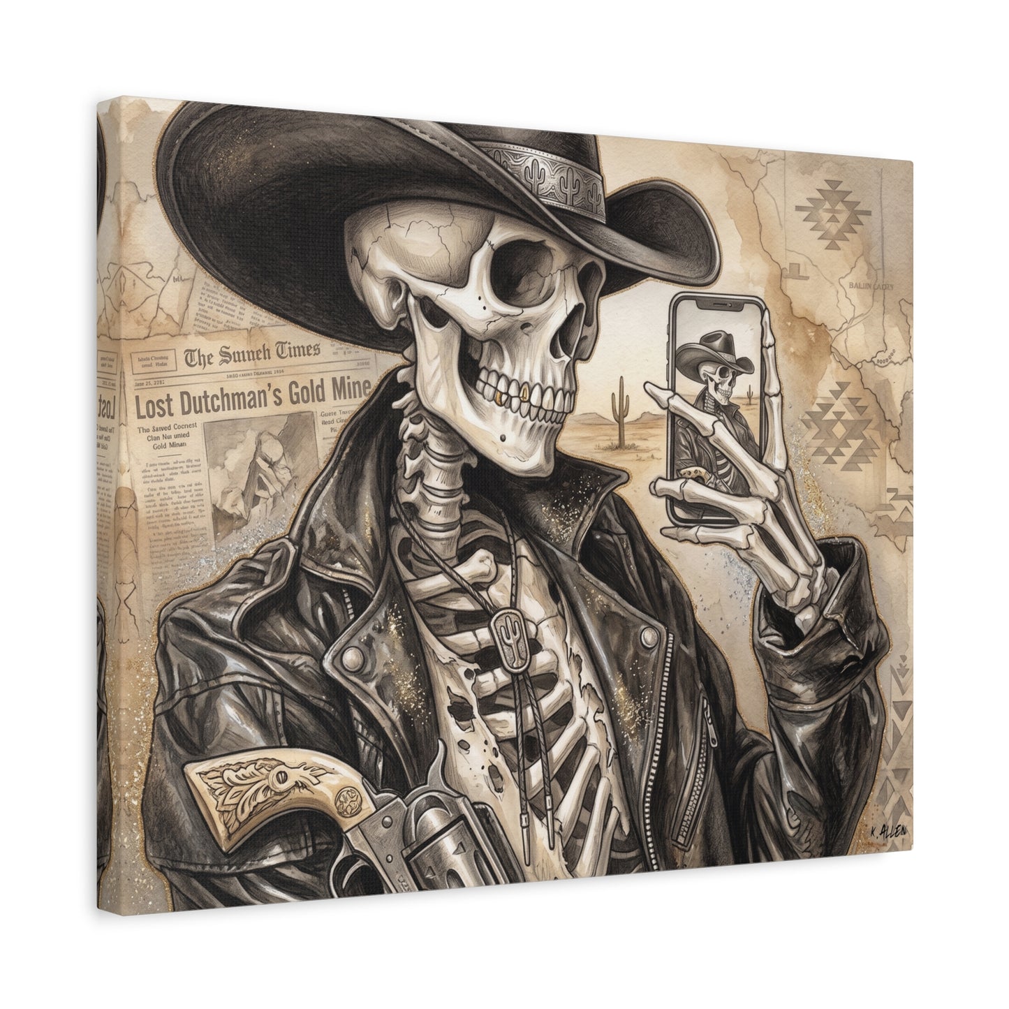 Skeleton Cowboy Canvas Print — Western Skull Selfie Wall Art (Matte Stretched)
