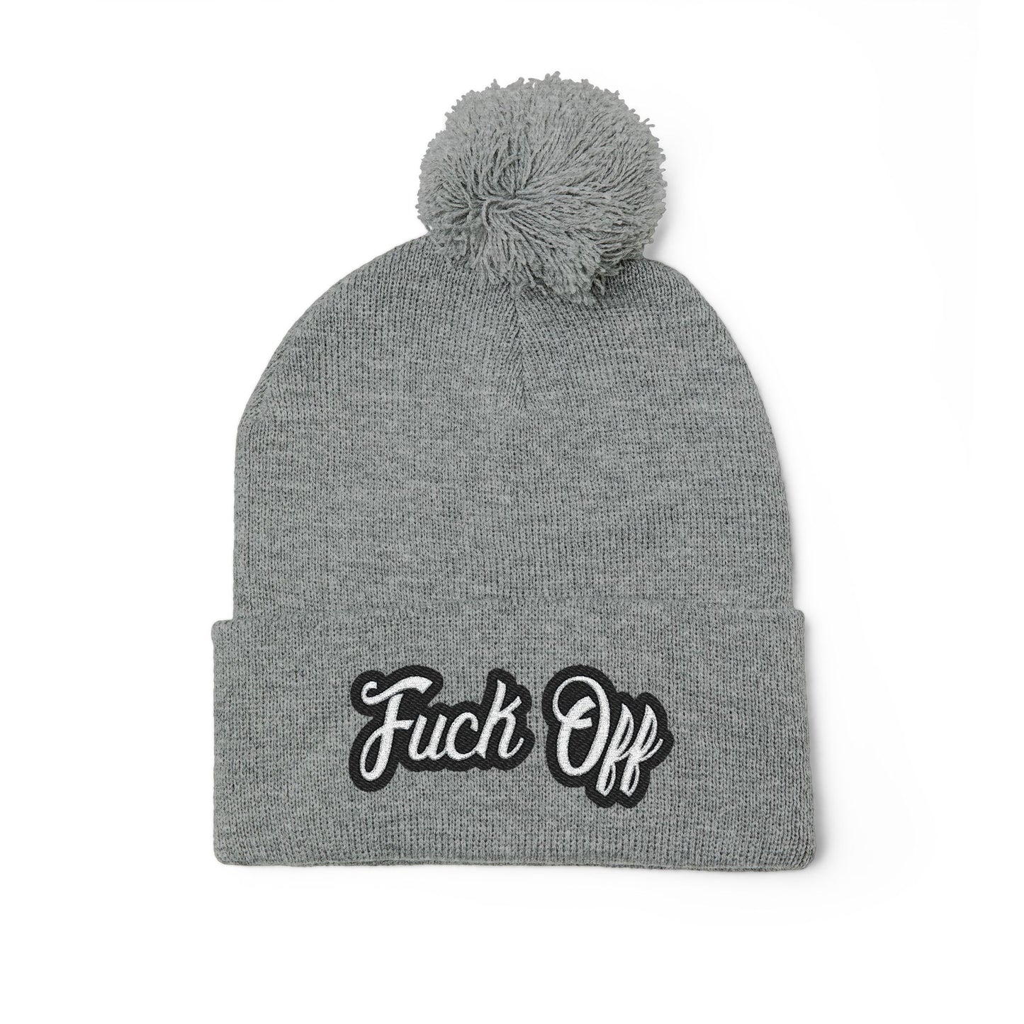 Embroidered 'Fuck Off' Pom-Pom Beanie - Knit Winter Hat