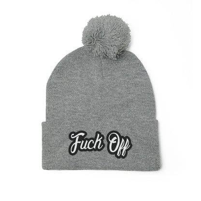 Embroidered 'Fuck Off' Pom-Pom Beanie - Knit Winter Hat