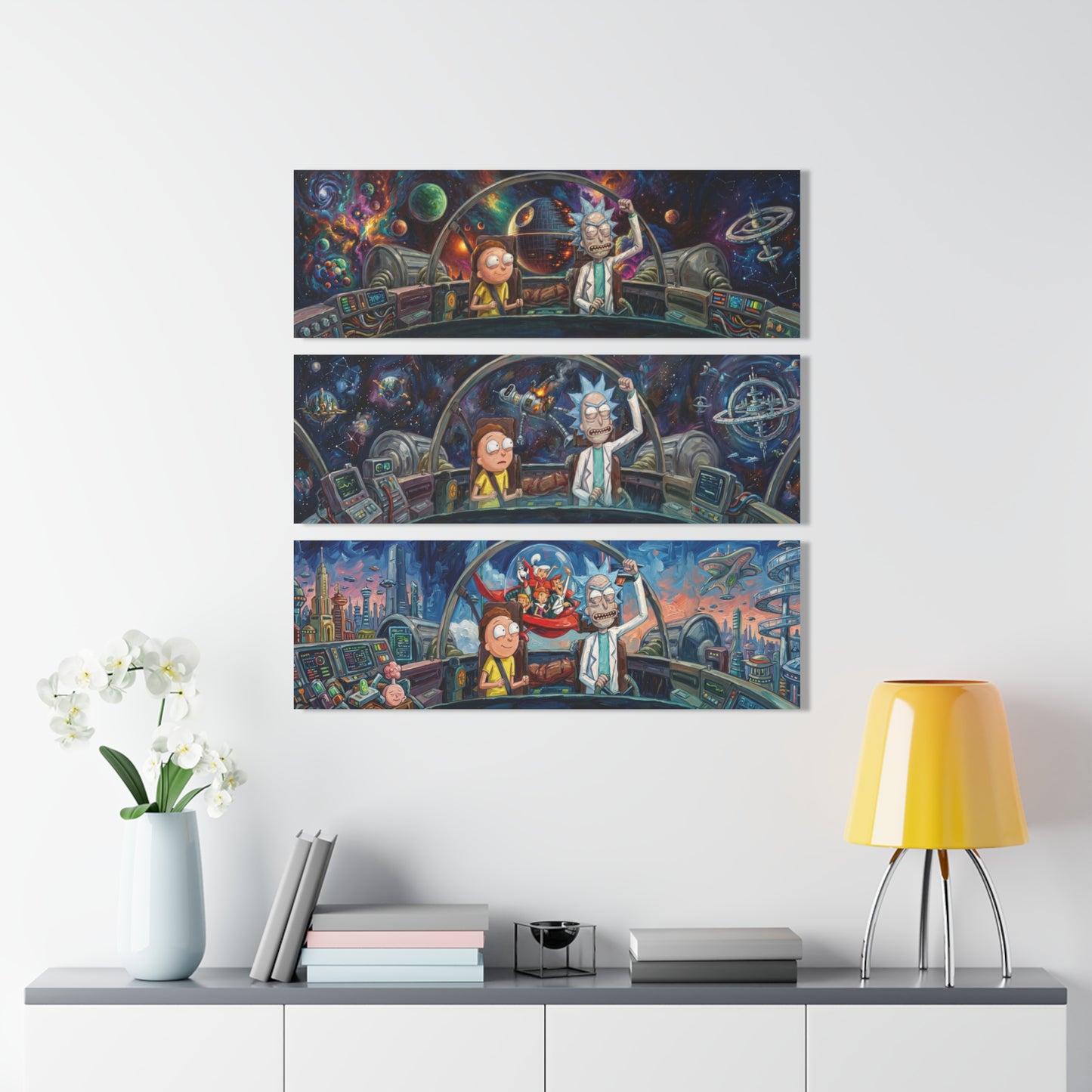 Ricks World Triptych Acrylic Wall Art – Space Adventure Cartoon Scene