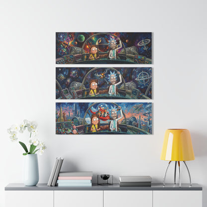 Ricks World Triptych Acrylic Wall Art – Space Adventure Cartoon Scene