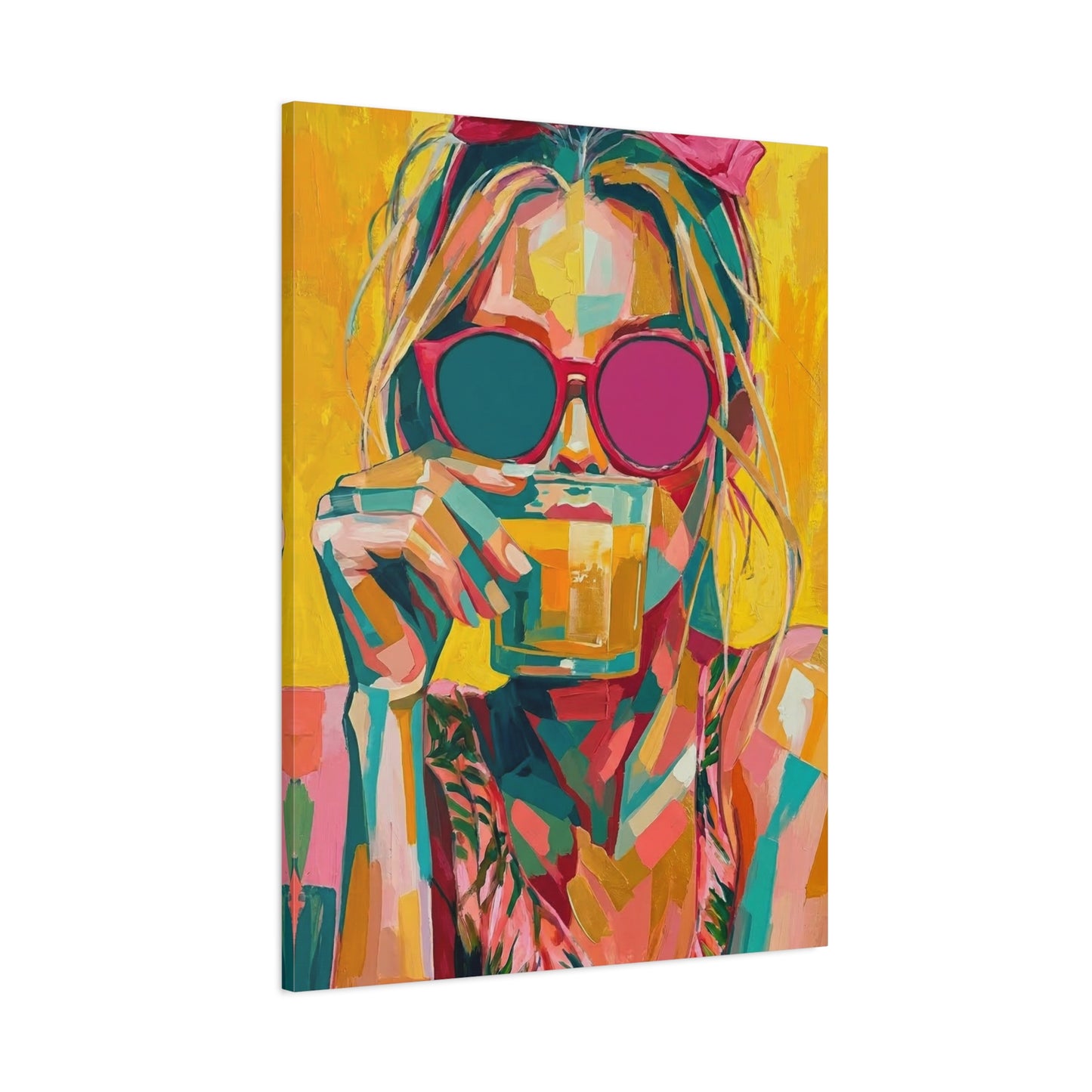 Colorful Pop Art Woman Drinking Canvas Wall Art