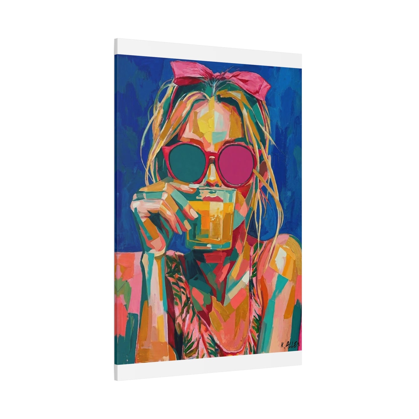Colorful Pop Art Woman Drinking Canvas Wall Art - Blue