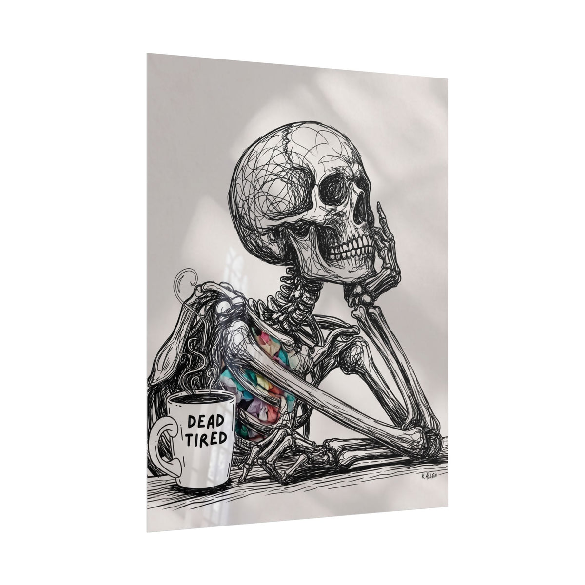 Skeleton 'Dead Tired' Wall Art Print Poster — Humorous Gothic Wall Art Print