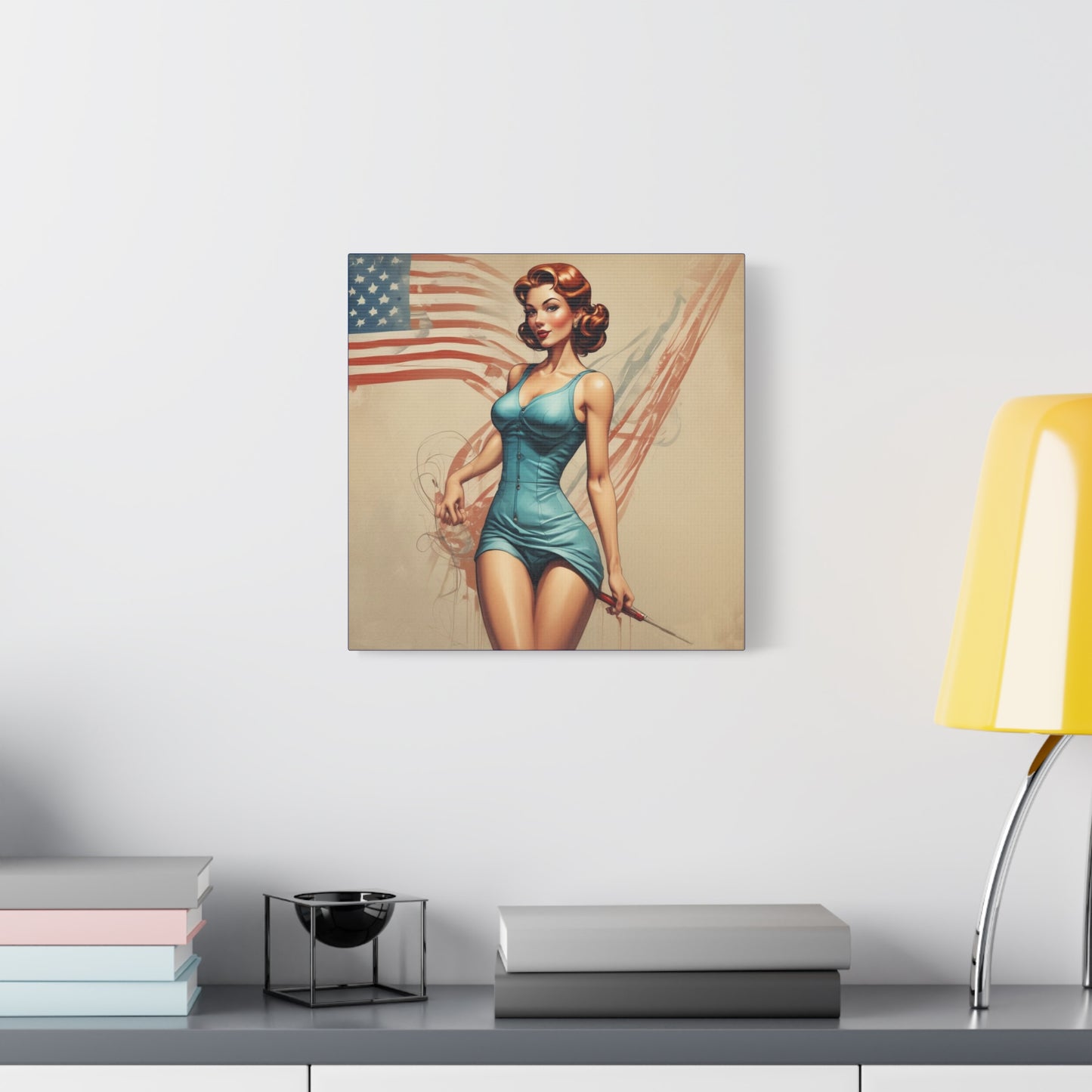 Retro Pin-Up Canvas Wall Art — Vintage American Flag Pinup Matte Stretched 1.25"
