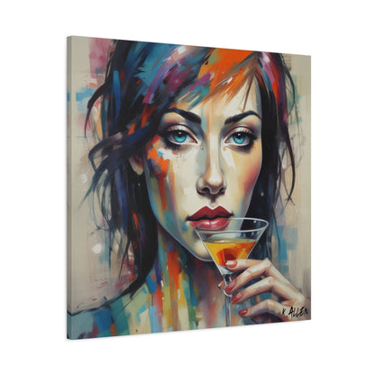 Colorful Femme Portrait Canvas — Martini Woman Stretched Wall Art