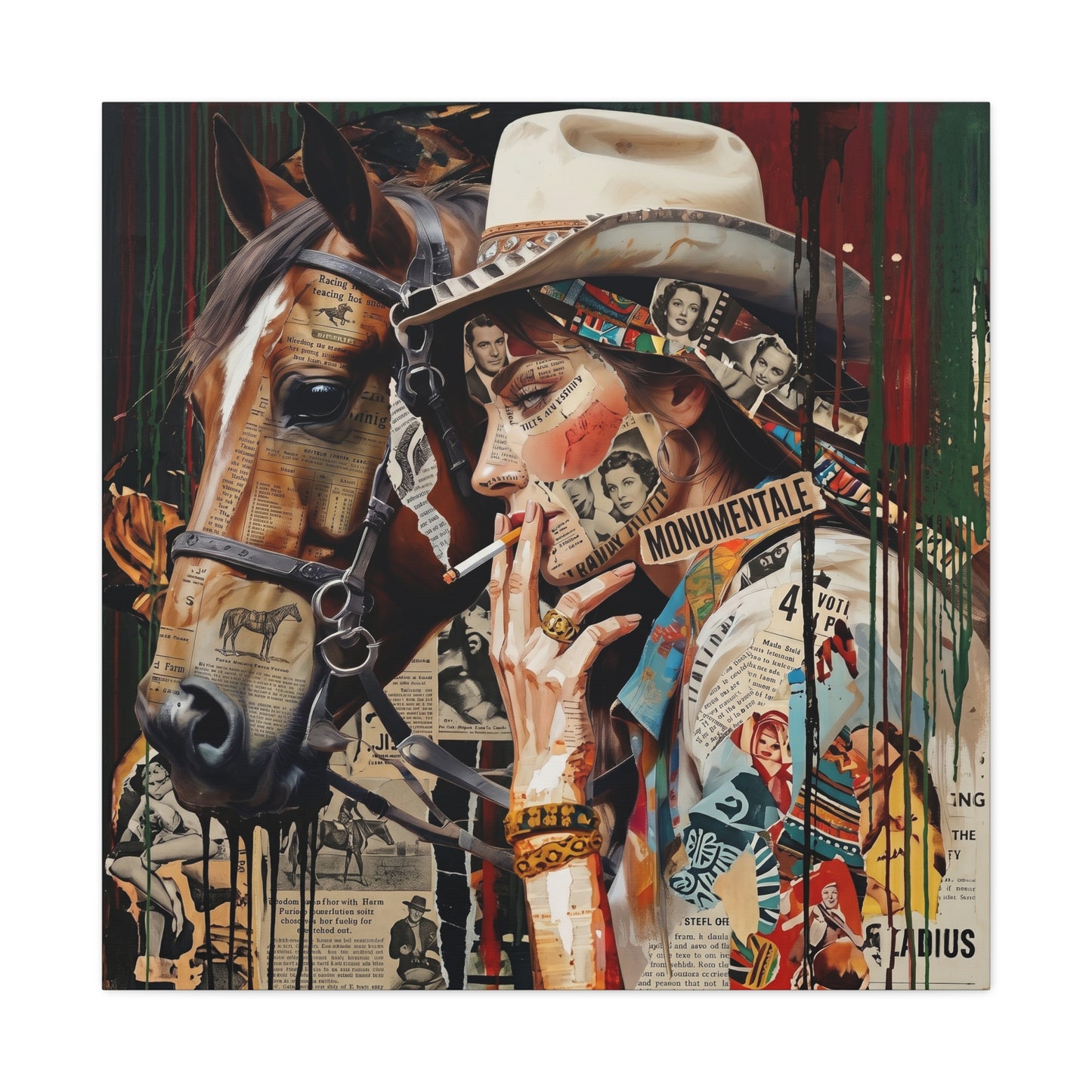 Western Collage Horse & Cowgirl Matte Canvas Wall Art - Stretched 1.25"