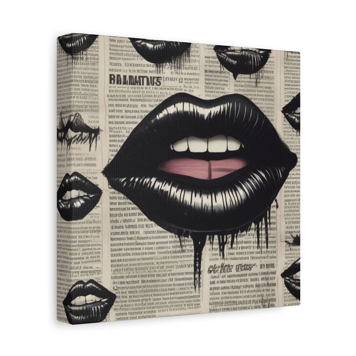 Black Drip Lips Canvas Wall Art — Vintage Newspaper Pop Art