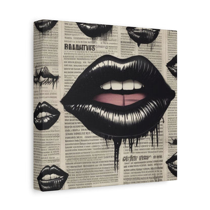 Black Drip Lips Canvas Wall Art — Vintage Newspaper Pop Art