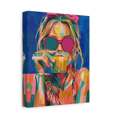 Colorful Pop Art Woman Drinking Canvas Wall Art - Blue