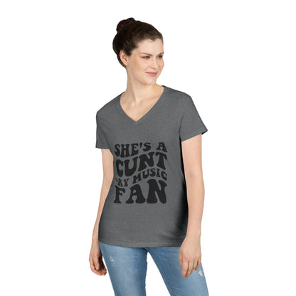 V-Neck T-Shirt — "She's a Cuntry Music Fan" Retro Typography Tee