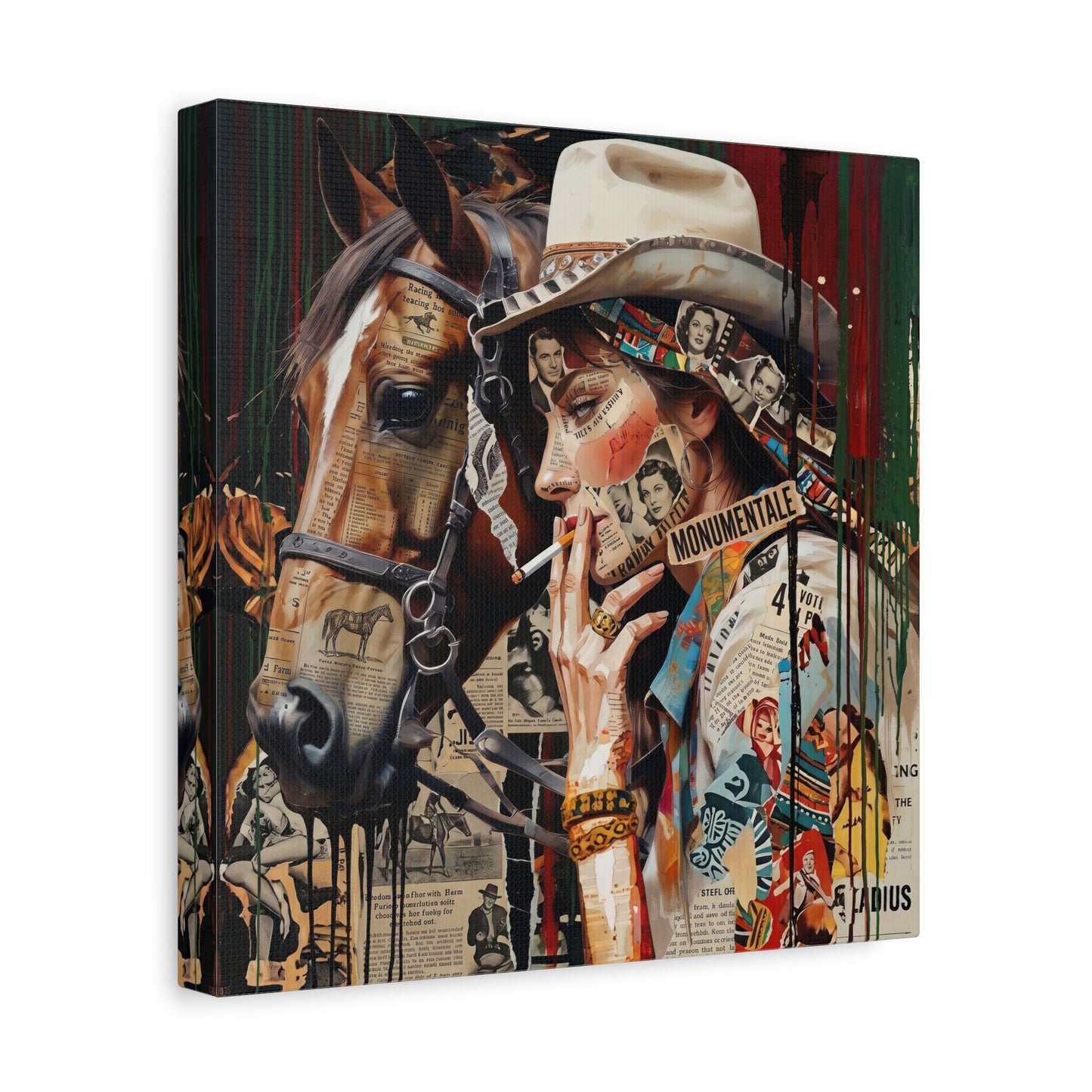 Western Collage Horse & Cowgirl Matte Canvas Wall Art - Stretched 1.25"