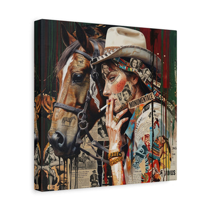 Western Collage Horse & Cowgirl Matte Canvas Wall Art - Stretched 1.25"