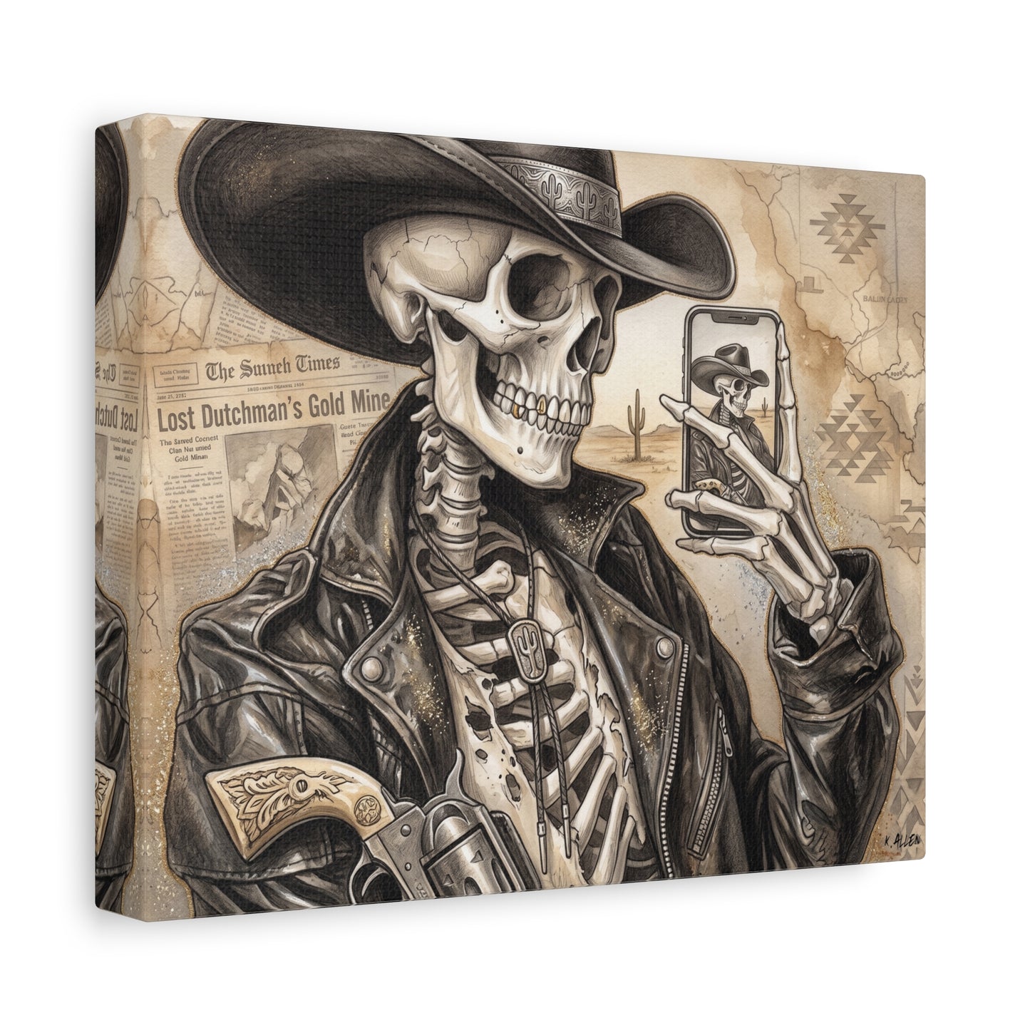Skeleton Cowboy Canvas Print — Western Skull Selfie Wall Art (Matte Stretched)